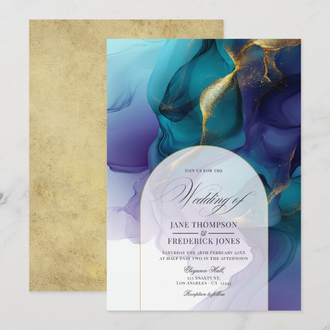 Elegant Purple, Blue, and Gold Flowing Ink Wedding Invitation (Front/Back)