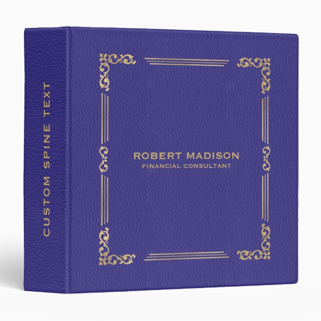 Elegant Purple-Blue Faux Leather Gold Frame 3 Ring Binder (Front/Spine)