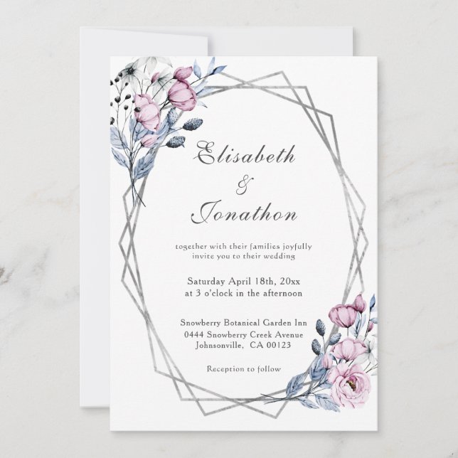 Elegant Purple Blue Floral Geometric Wedding Invitation (Front)