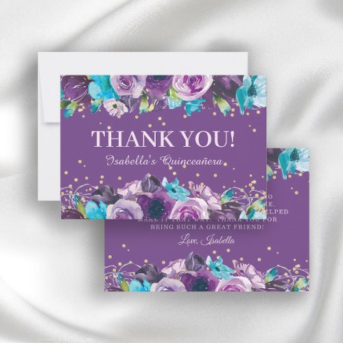 Elegant Purple Blue Floral Quinceaera Birthday Thank You Card