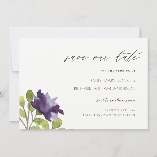 Elegant Purple Blue Floral Watercolor Rose Flower  Save The Date (Front)