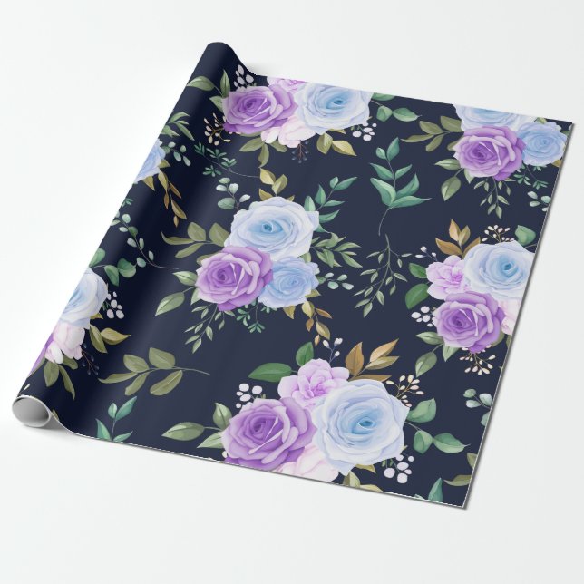Elegant purple, blue  floral wrapping paper (Unrolled)