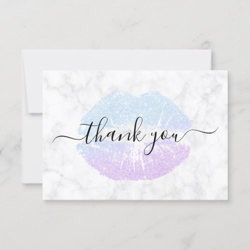 Elegant purple  blue glitter lips white marble thank you card
