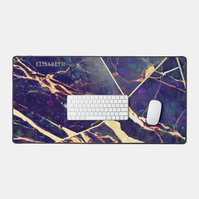  Elegant Purple Blue Gold Marble Add Name Monogram Desk Mat (Keyboard & Mouse)