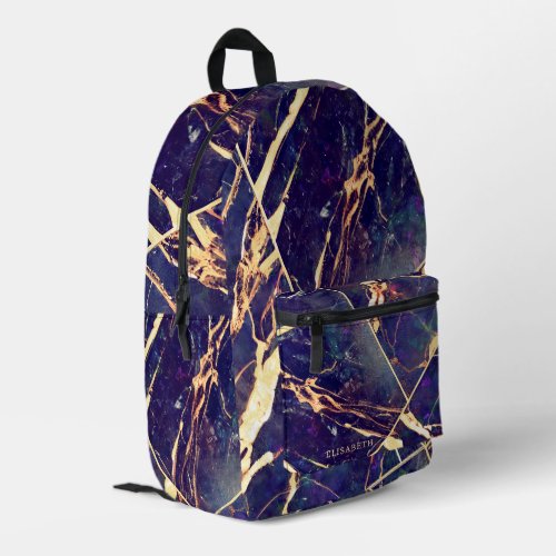  Elegant Purple Blue Gold Marble Add Name Monogram Printed Backpack