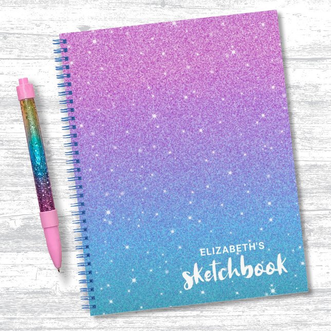 Elegant Purple Blue Ombre Glitter Sketchbook Notebook (A cute pupuple and blue glitter sketchbook. Personalize it with your name.)