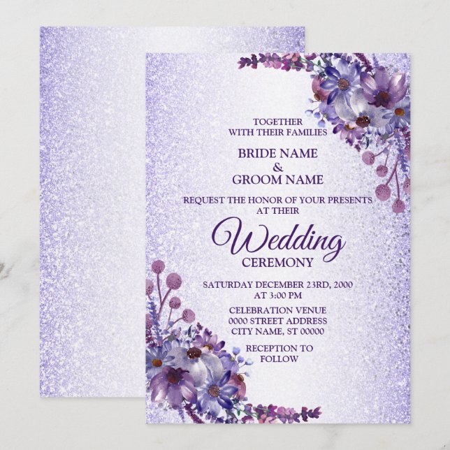 Elegant Purple Blue Pink Floral Glitter Wedding Invitation (Front/Back)