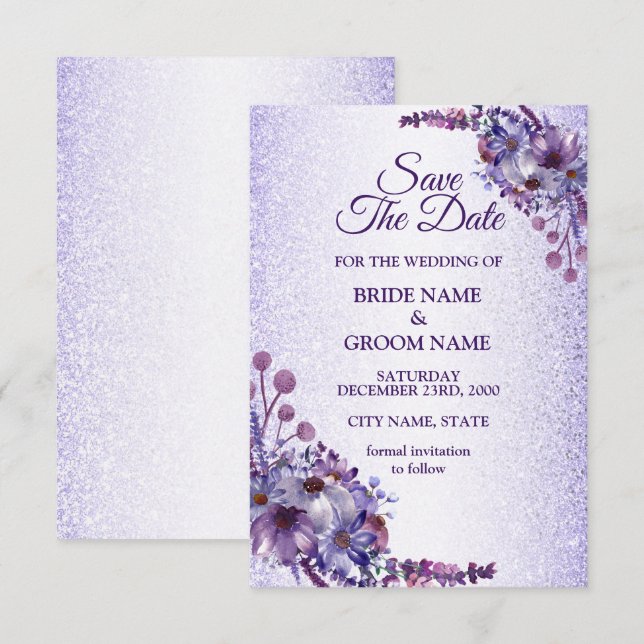 Elegant Purple Blue Pink Floral Glitter Wedding Save The Date (Front/Back)