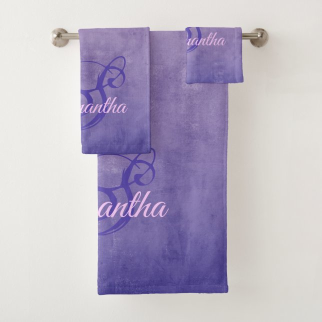 Elegant Purple Blue rustic monogram Bath Towel Set (Insitu)