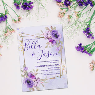 Elegant Purple Blue Watercolor Floral Wedding Invitation
