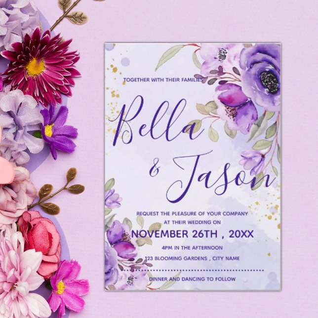 Elegant Purple Blue Watercolor Floral  Wedding Invitation (Creator Uploaded)