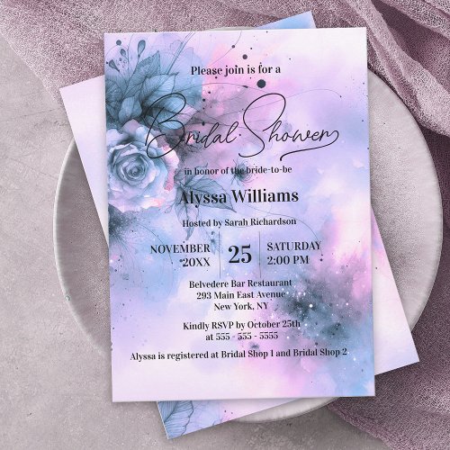 Elegant Purple Blue Watercolor Roses Bridal Shower Invitation