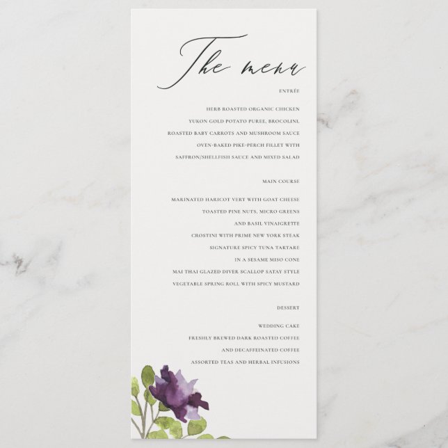 ELEGANT PURPLE BLUE WATERCOLOUR FLORAL GOLD MENU (Front)