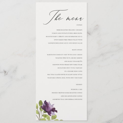 ELEGANT PURPLE BLUE WATERCOLOUR FLORAL GOLD MENU