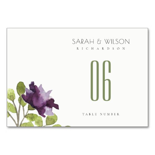 ELEGANT PURPLE BLUE WATERCOLOUR FLORAL GOLD TABLE TABLE NUMBER