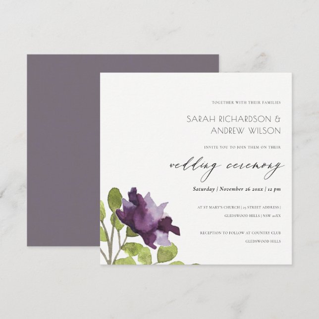 ELEGANT PURPLE BLUE WATERCOLOUR FLORAL WEDDING INVITATION (Front/Back)