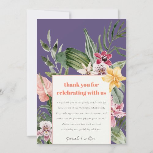 Elegant Purple Blush Boho Tropical Floral Wedding Thank You Card