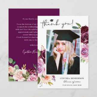 Elegant Purple Blush Floral Graduation Photo Thank You Card