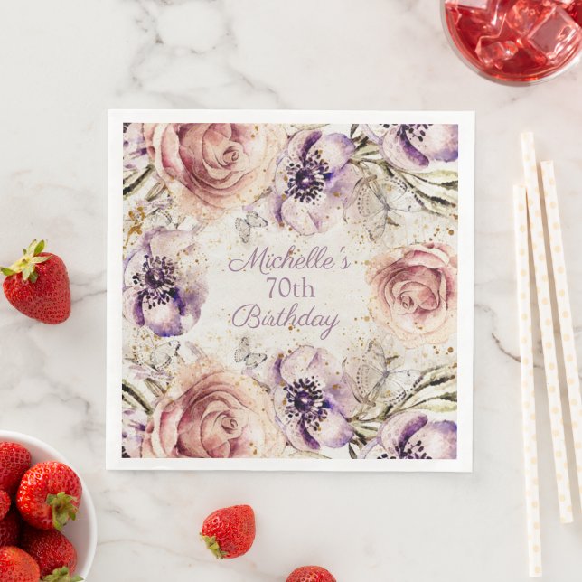 Elegant Purple Blush Pink 70th Birthday Party Paper Dinner Napkins (Insitu)
