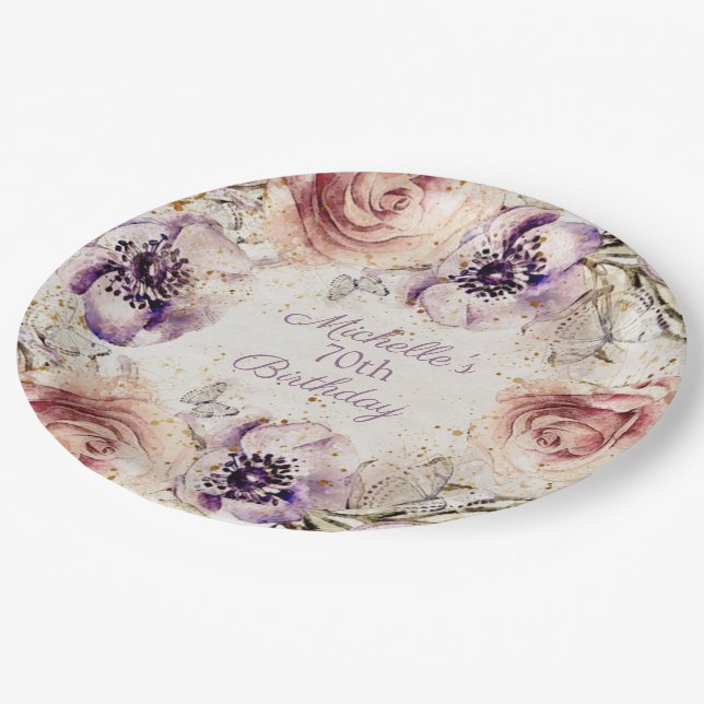 Elegant Purple Blush Pink 70th Birthday Party  Paper Plates (Angled)