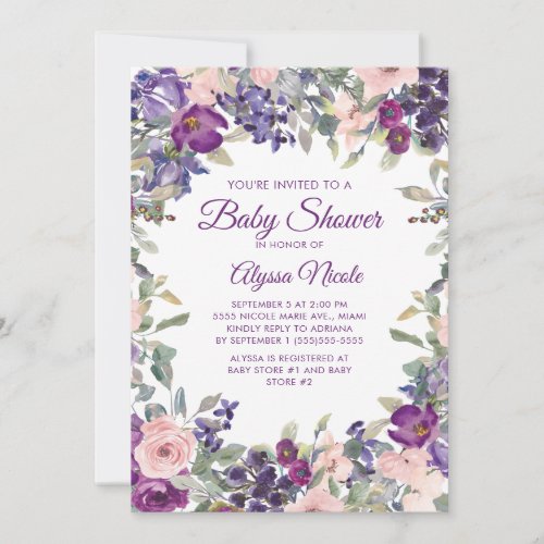 Elegant Purple Blush Pink Floral Baby Shower Invitation