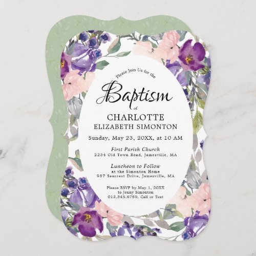 Elegant Purple Blush Pink Floral Baptism Invitation