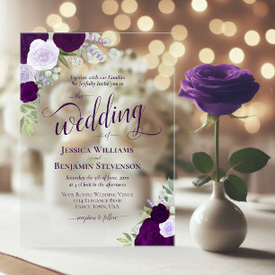 Elegant Purple Boho Chic Roses Fancy Wedding Acrylic Invitations