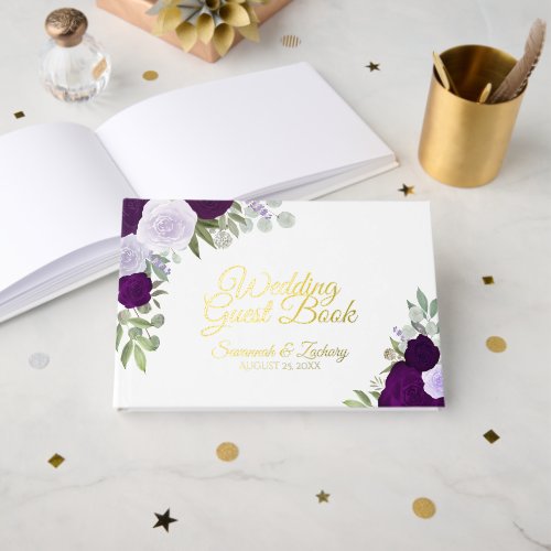 Elegant Purple Boho Chic Roses Small Wedding Foil Guest Book