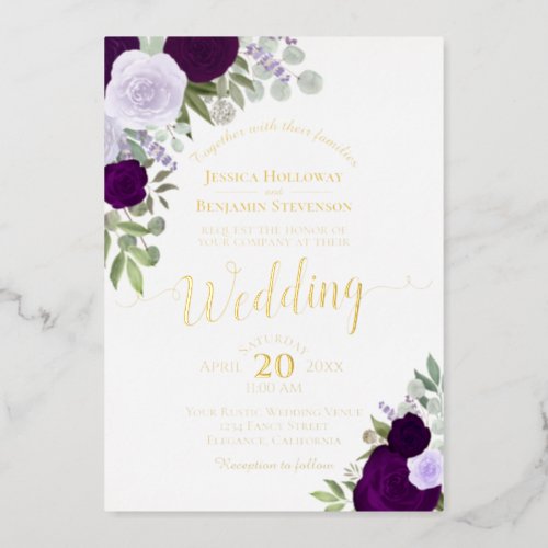 Elegant Purple Boho Chic Watercolor Roses Wedding  Foil Invitation