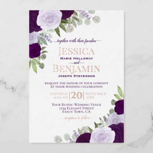 Elegant Purple Boho Floral with Rose Gold Wedding Foil Invitation