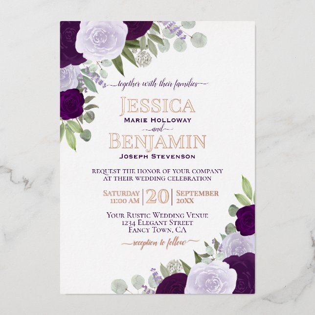 Elegant Purple Boho Floral with Rose Gold Wedding Foil Invitation (Front)