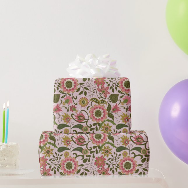 Elegant Purple Boho Flowers on Pink Wrapping Paper (Party Gifts)