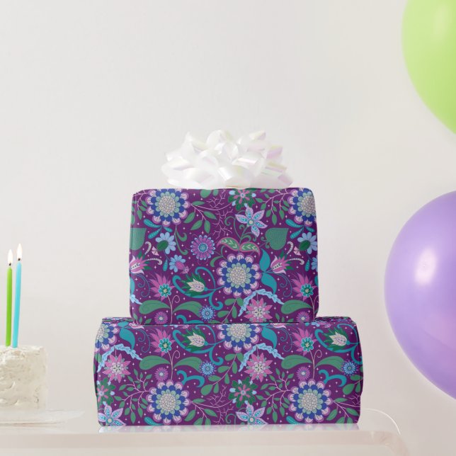Elegant Purple Boho Flowers on Purple Wrapping Paper (Party Gifts)