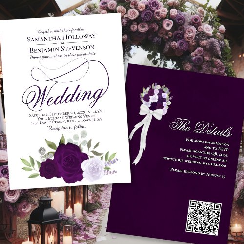 Elegant Purple Boho Roses Floral QR Code Wedding Invitation