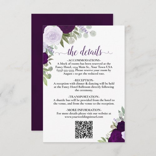 Elegant Purple Boho Roses Wedding Details QR Code Enclosure Card