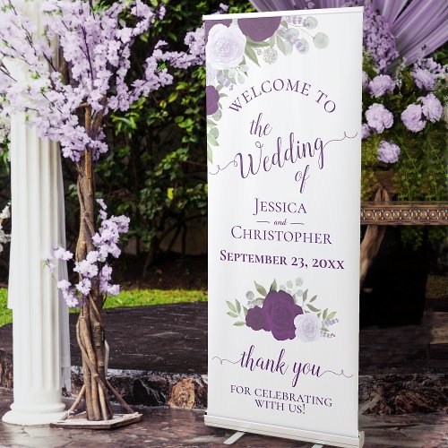 Elegant Purple Boho Roses Wedding Welcome Retractable Banner