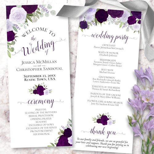 Elegant Purple Boho Watercolor Floral Wedding Program