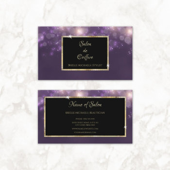 Elegant Purple Bokeh Salon Black And Gold Frame Business Card by GirlyBusinessCards at Zazzle