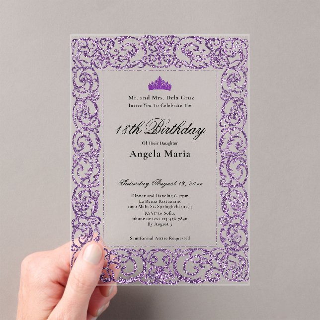 Elegant Purple Border 18th Birthday Debut Acrylic Invitations (Insitu (Handheld))
