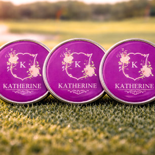 Elegant Purple Botanical Crest Feminine Monogram Golf Ball Marker