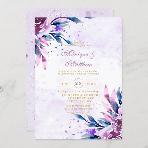 Elegant Purple Botanical Peony Gold Wedding Invitation