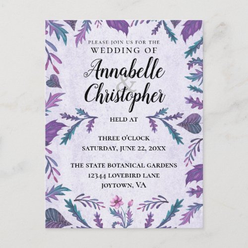 Elegant Purple Botanical Watercolor Wedding Invitation Postcard