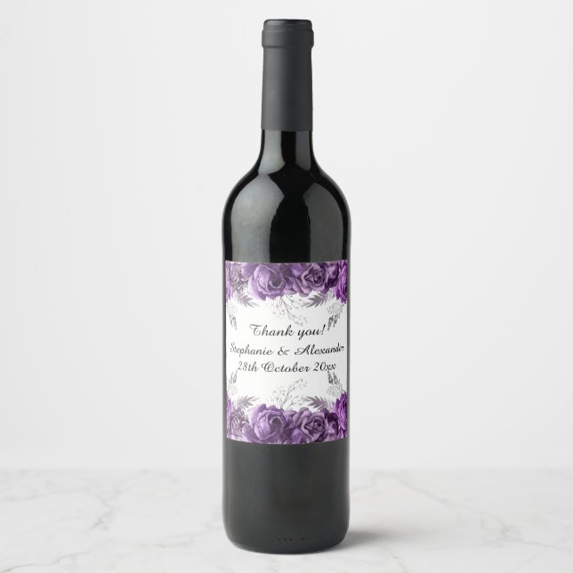 ELEGANT PURPLE BOUQUET FLORAL CUSTOMIZABLE WINE WINE LABEL (Front)