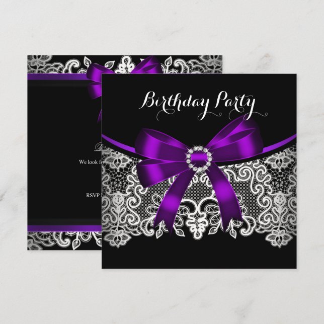 Elegant Purple Bow Black Lace White Birthday Invitation (Front/Back)