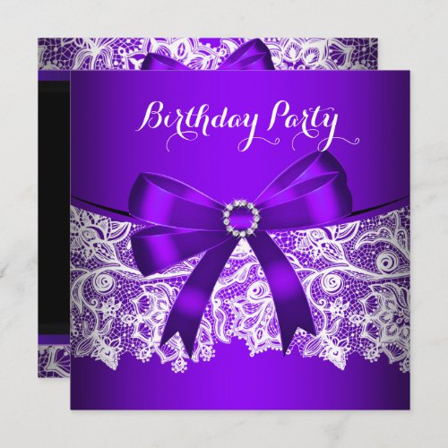 Elegant Purple Bow Black White Lace Party Invitation
