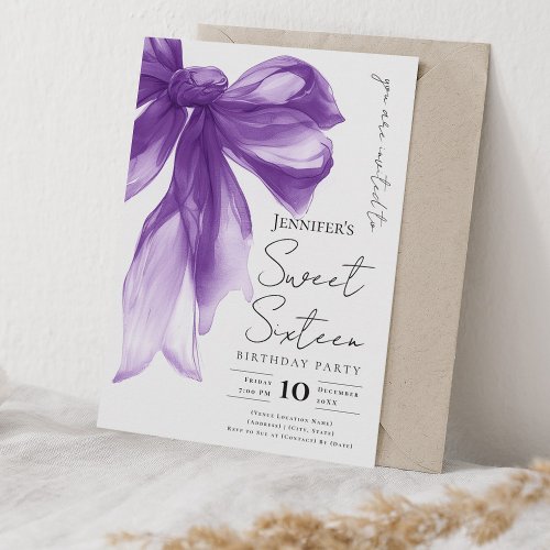 Elegant Purple Bow Coquette Script Sweet 16 Party 