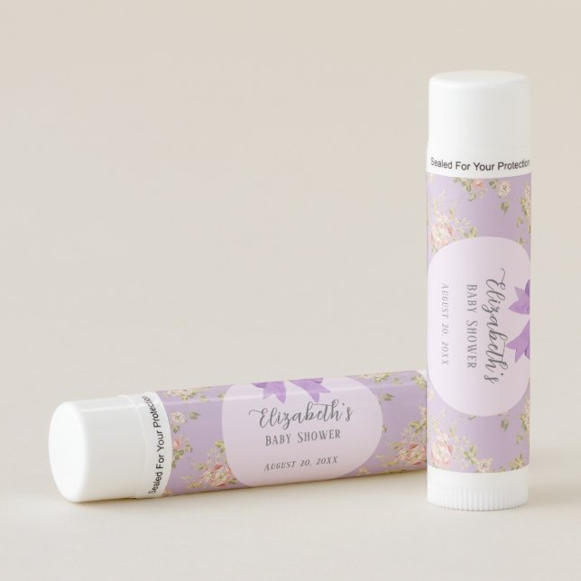 Elegant Purple Bow Girly Floral Baby Shower Arch Lip Balm (Front)