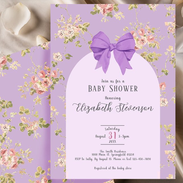 Elegant Purple Bow Girly Floral Baby Shower  Invitation (Creator Uploaded)