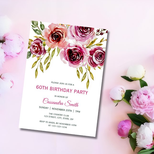 Elegant Purple Brown Rose Floral Birthday  Invitation (Creator Uploaded)