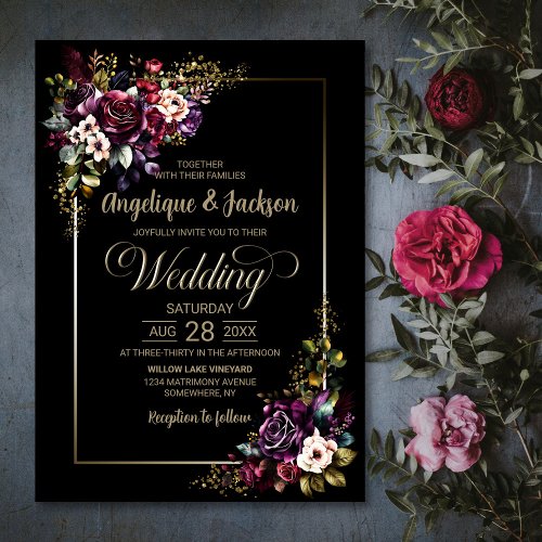 Elegant Purple Burgundy Black Floral Wedding Invitation
